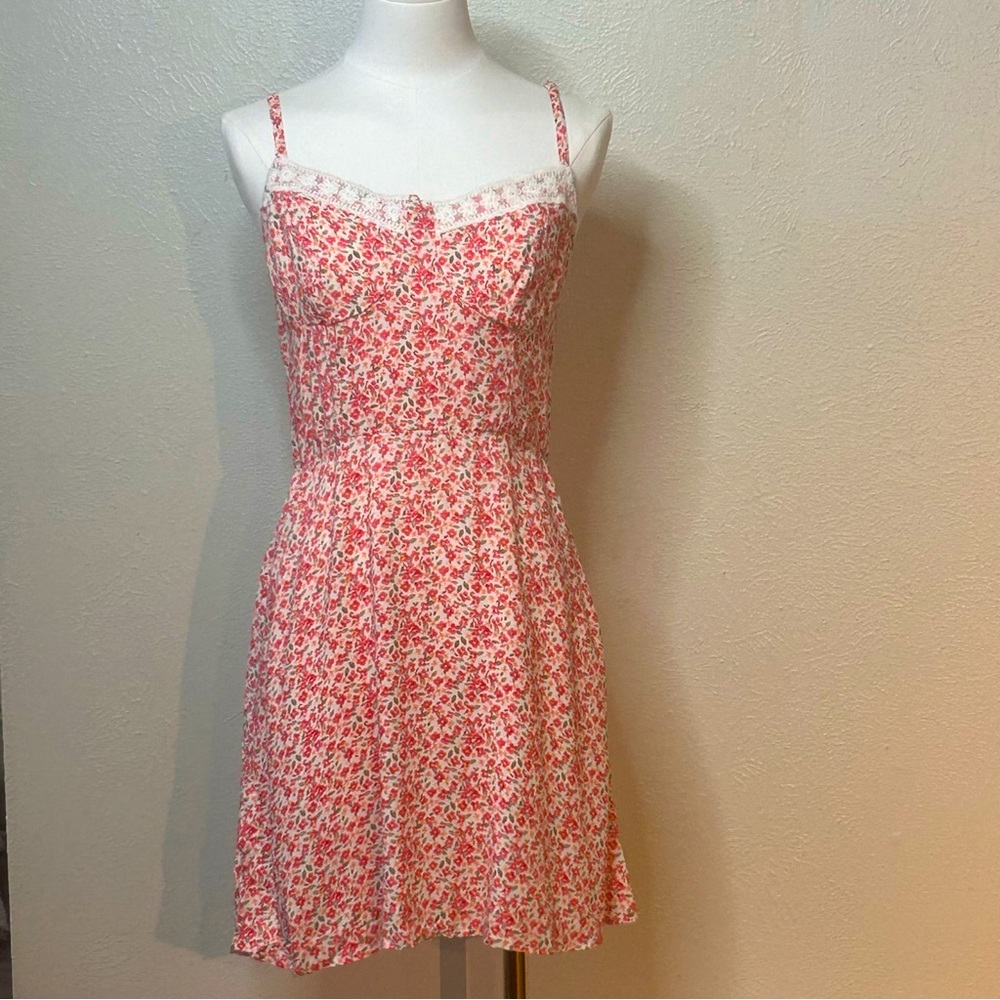 Y2K 2000’s Ditsy Floral‎ Lace Trim Milkmaid Spaghetti Strap Corset Lace Dress S